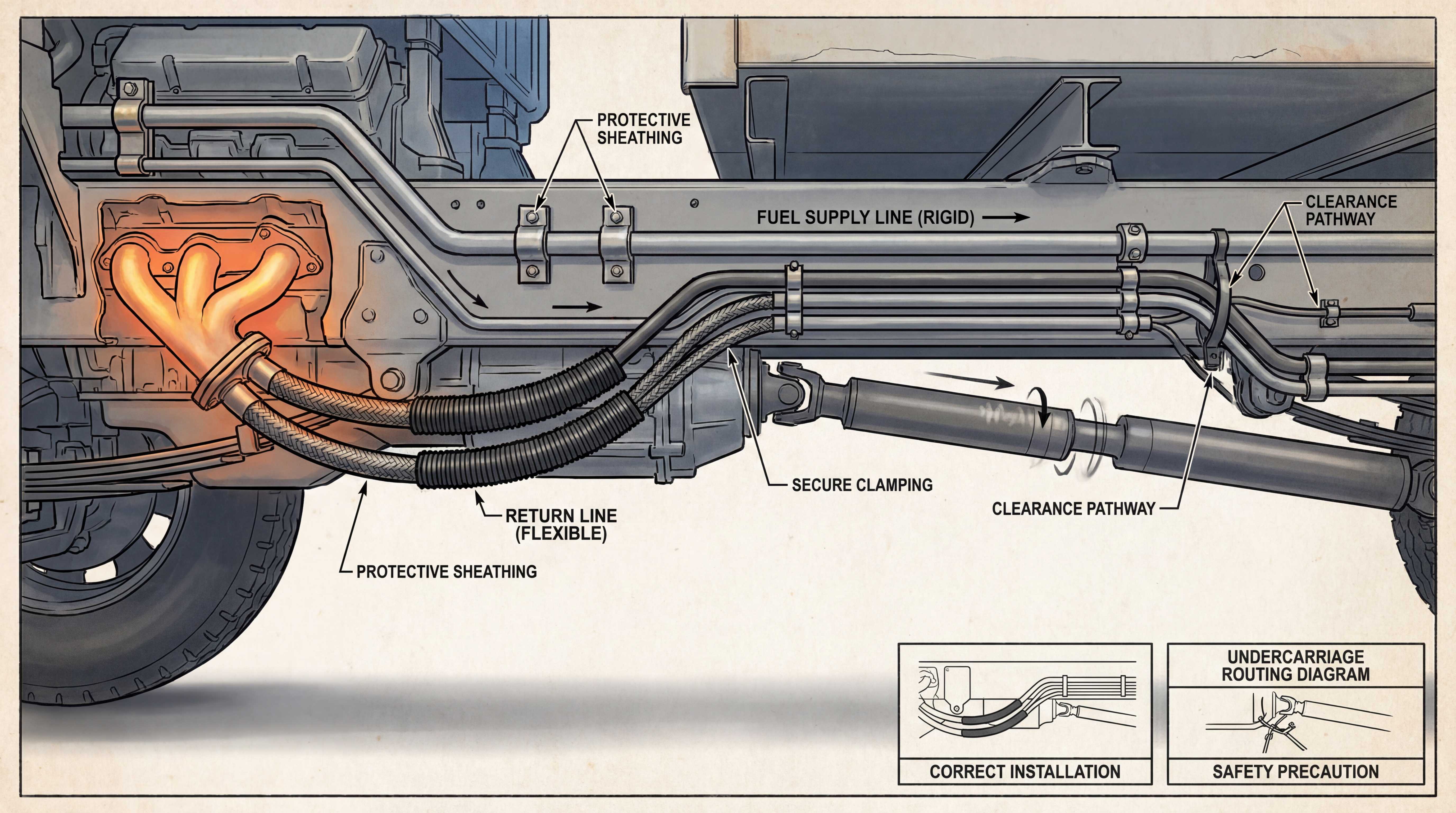 Underbody fuel line routing diagram showing rigid fuel supply line, flexible return line, protective sheathing, secure clamping and clearance pathway
